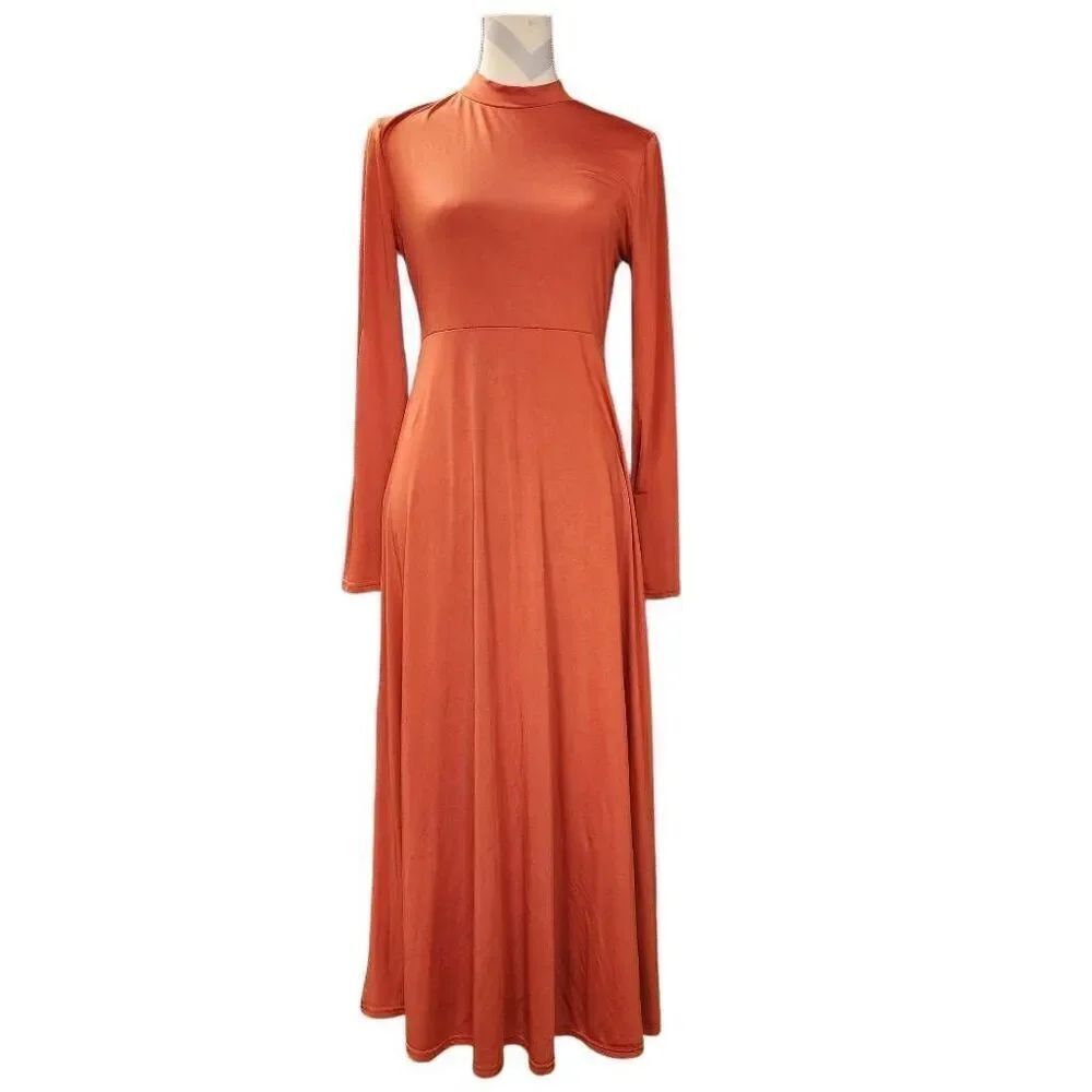 Women's Large Long-Sleeve Maxi Collared Neck Flowy Comfort Dress
